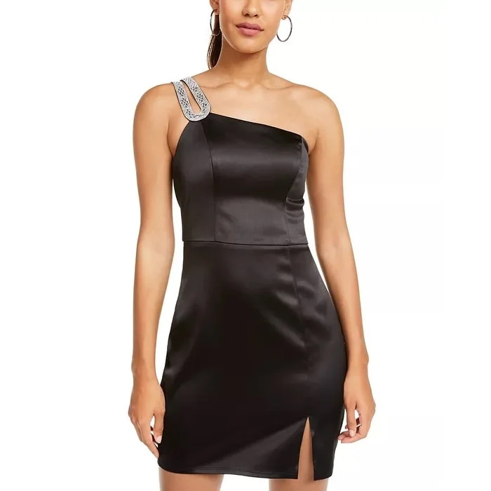 Sequin Hearts Juniors' Embellished One-Shoulder Satin Dress Black Size 13