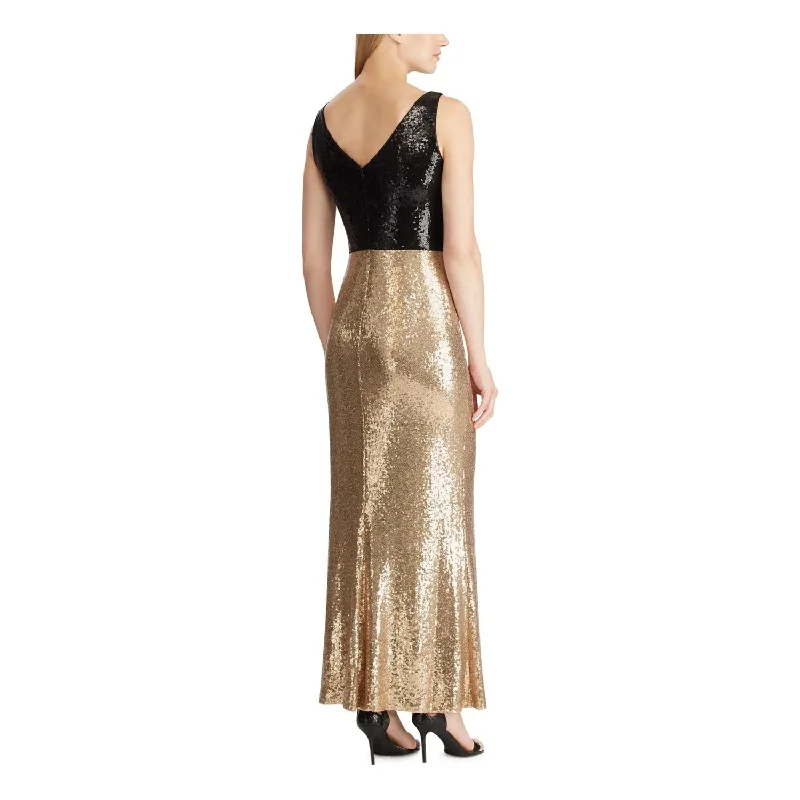 Ralph Lauren Women's Sequined Color Block Sleeveless V Neck Maxi Evening Sheath Dress Yellow Size 2