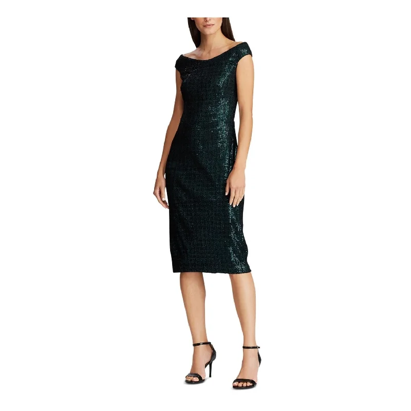 Ralph Lauren Women's Sequined Off Shoulder Tea Length Formal Body Con Dress Green Size 2