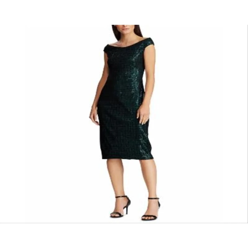 Ralph Lauren Women's Sequined Cap Off Shoulder Tea Length Formal Body Con Dress Green Size 16