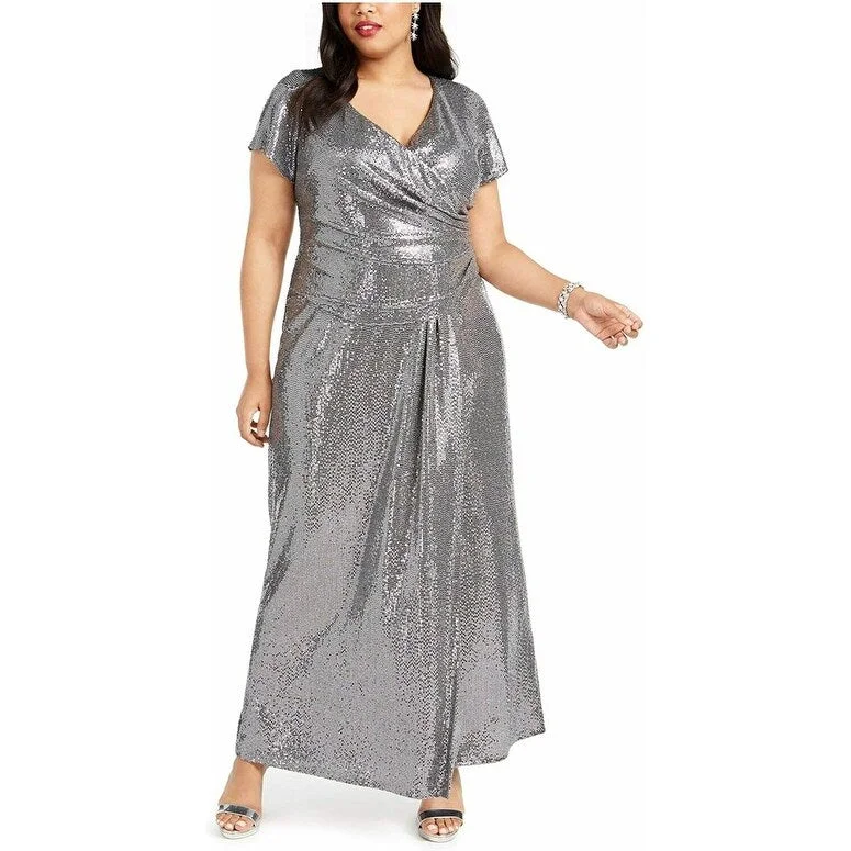 R & M Richards Women's Plus Draped Sequined Gown Silver Size 16W