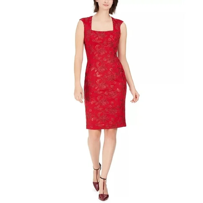 Calvin Klein Women's Square Neck Sequin Scuba Dress Red Size 2