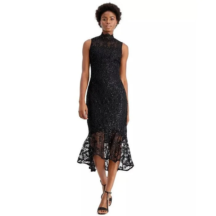 Calvin Klein Women's Sequin Lace High-Low Sheath Dress Black Size 6