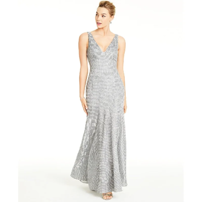 Sequin Hearts Women's Glitter V-Neck Trumpet Gown Silver Size 1