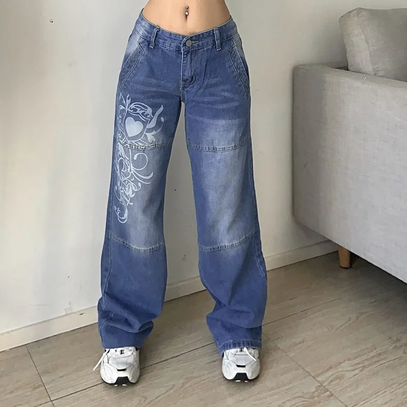 DressBetty - Y2K Jeans Low Rise Trousers Blue Vintage Gothic Print Baggy Casual Wide Leg Denim Aesthetic