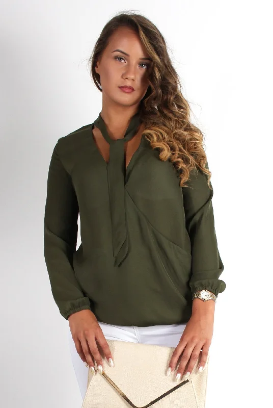 Lottie Khaki V Front Tie Neck Shirt