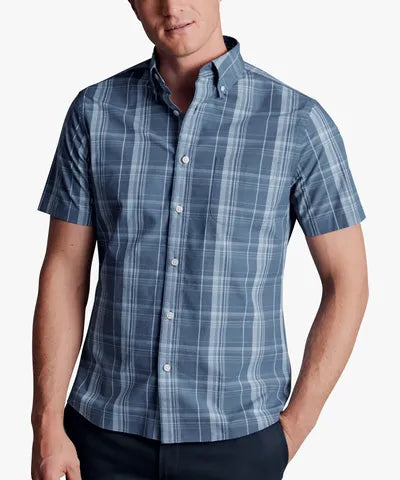 Steel Blue Check Slim Fit Short Sleeve Shirt