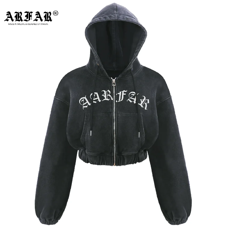 100% Cotton Acid Washed Black Crop Top Zip Up Hoodie