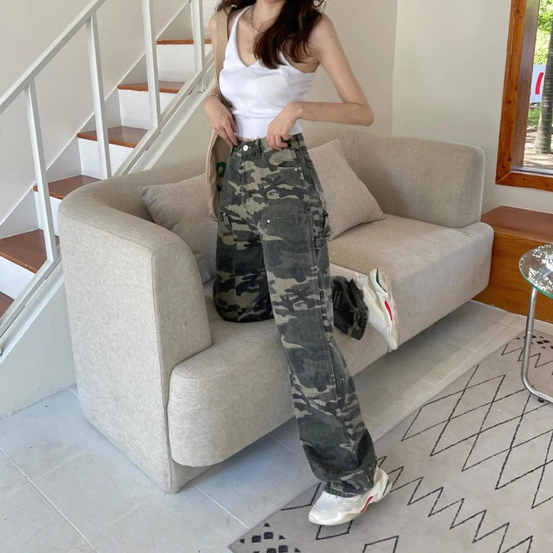 DressBetty - Streetwear Camouflage High Waist Cargo Pants Straight Jeans