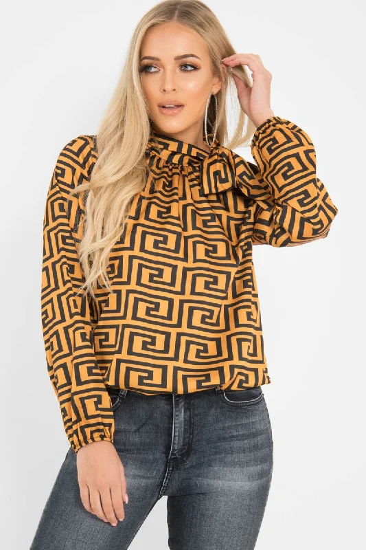 Mustard Aztec Print Satin Long Sleeve Bow Shirt - Abrah