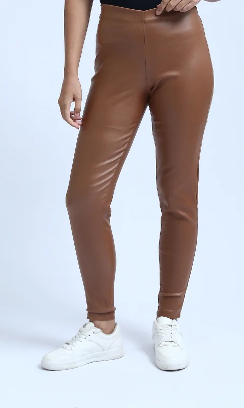 O200913 Solid Faux Leather Leggings - Brown