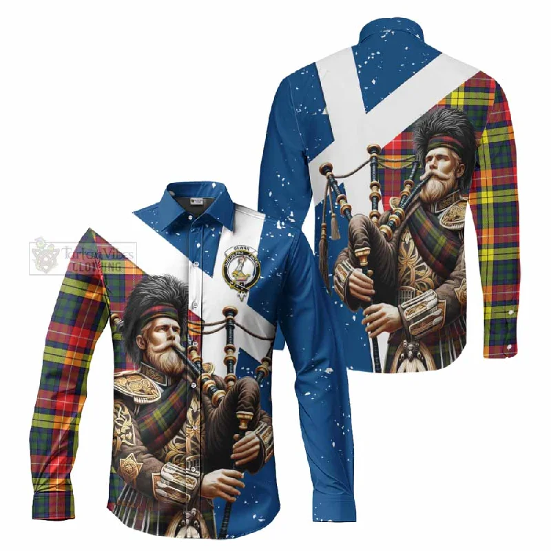 Dewar Tartan Long Sleeve Button Shirt with Family Crest Scottish Bagpiper Vibes