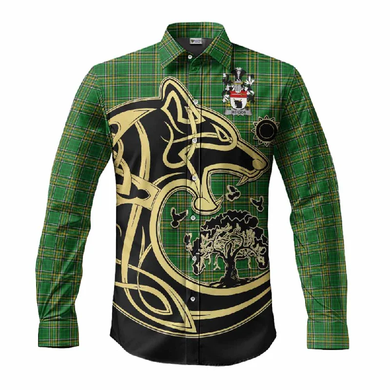 Dickson Irish Tartan Long Sleeve Button Shirt with Coat of Arms Celtic Wolf Style