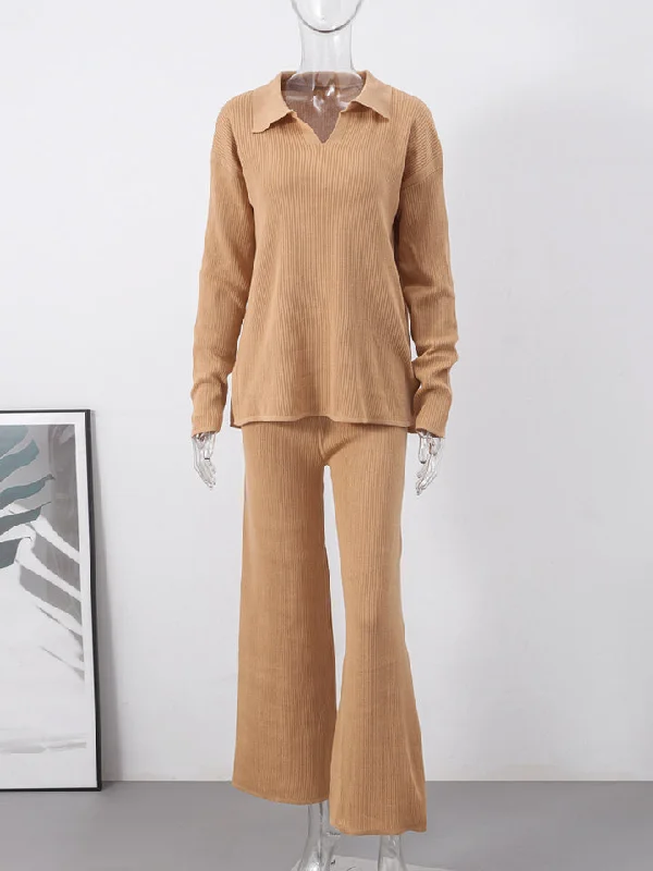 Knitted Casual Sweater Suit Women Fashion Solid V-neck Loose Women Top Set  B183679
