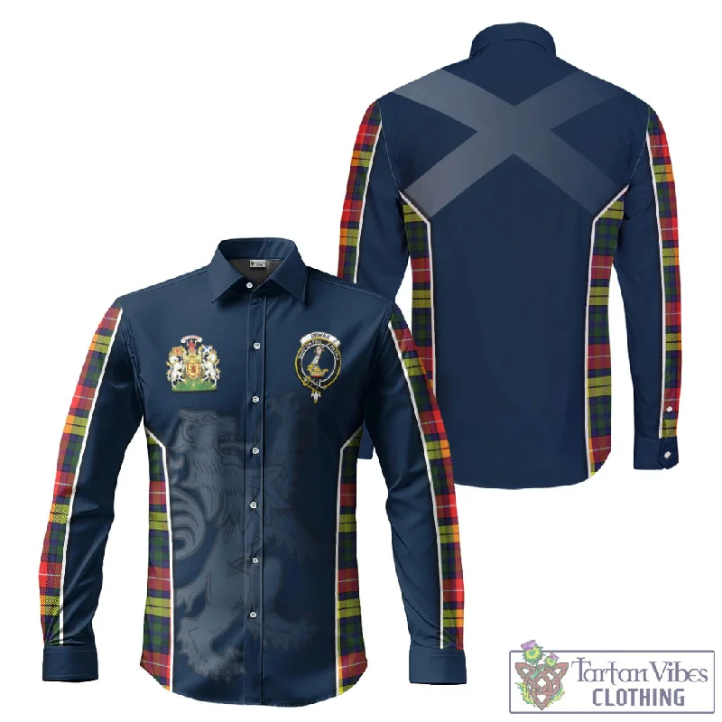 Dewar Tartan Long Sleeve Button Up Shirt with Family Crest and Lion Rampant Vibes Sport Style