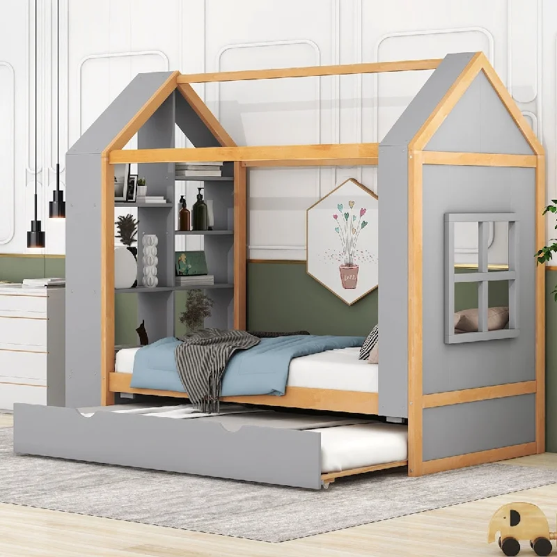 Grey Twin Size Solid Pine Wood House Platform Bed with Trundle, Multi Storage Shelves Grey Twin Size Solid Pine Wood House Platform Bed with Trundle, Multi Storage Shelves