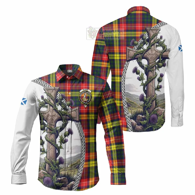 Dewar Tartan Long Sleeve Button Shirt with Family Crest and St. Andrew's Cross Accented by Thistle Vines
