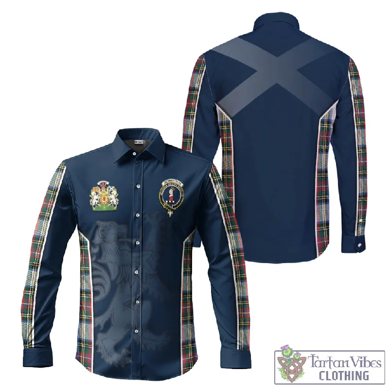 Dennistoun Tartan Long Sleeve Button Up Shirt with Family Crest and Lion Rampant Vibes Sport Style Dennistoun Tartan Long Sleeve Button Up Shirt with Family Crest and Lion Rampant Vibes Sport Style