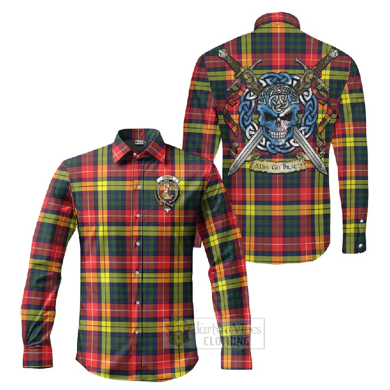 Dewar Tartan Long Sleeve Button Shirt with Family Crest Celtic Skull Style