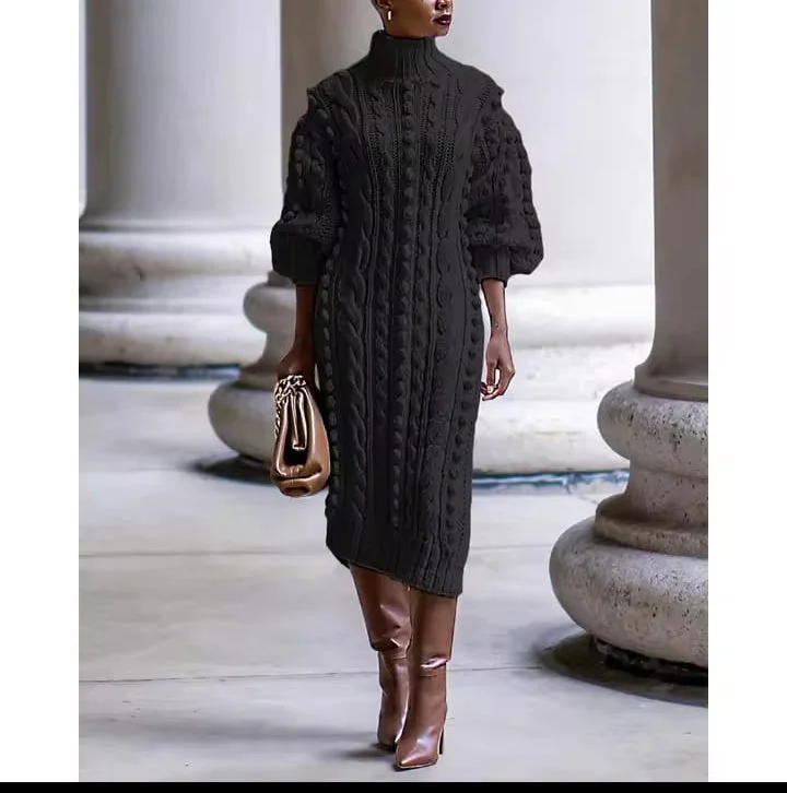 Women High Neck Twist Rope Sleeve Side Slit Knitted Sweater Dress   B208773
