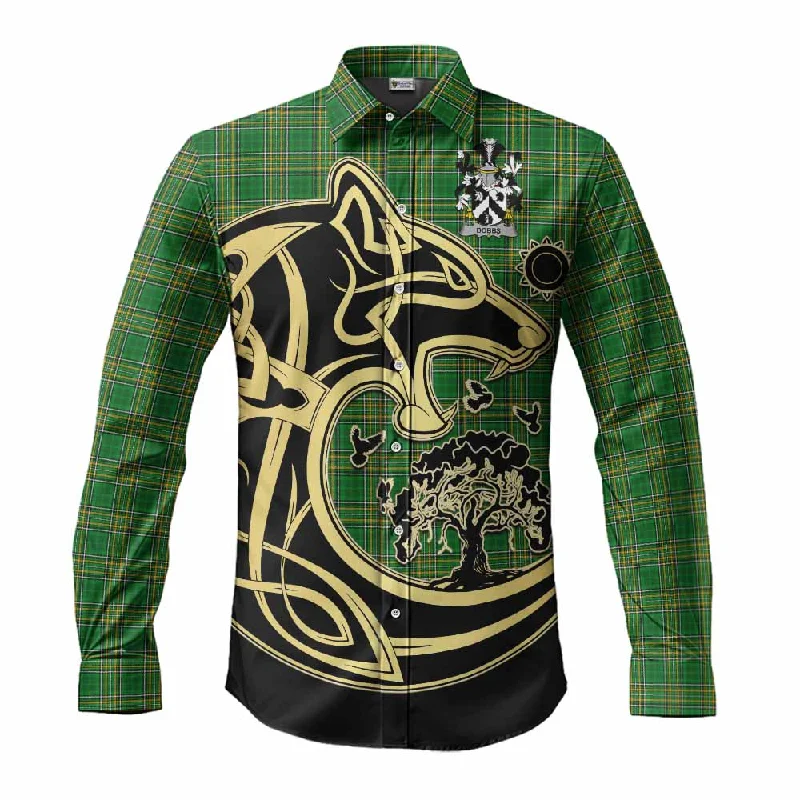 Dobbs Irish Tartan Long Sleeve Button Shirt with Coat of Arms Celtic Wolf Style