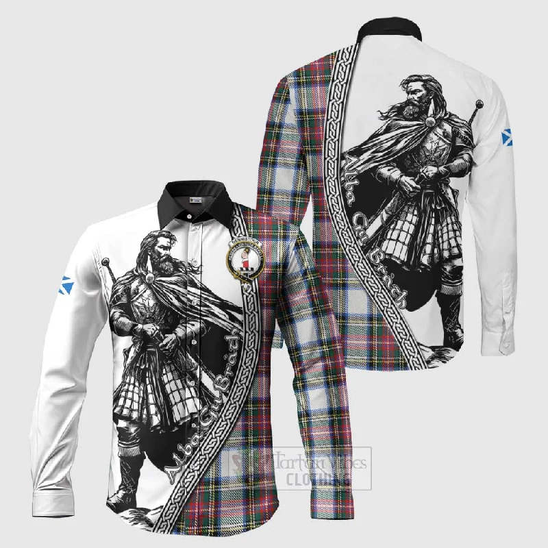 Dennistoun Tartan Clan Crest Long Sleeve Button Shirt with Highlander Warrior Celtic Style Dennistoun Tartan Clan Crest Long Sleeve Button Shirt with Highlander Warrior Celtic Style