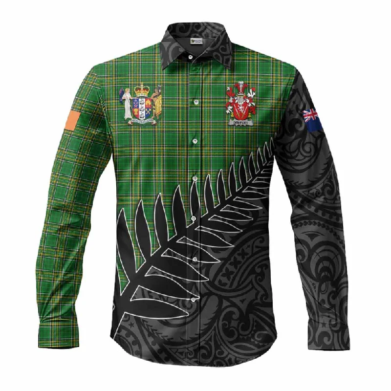 Dempsey Irish Clan Tartan Long Sleeve Button Shirt with Coat of Arms New Zealand Silver Fern Half Style