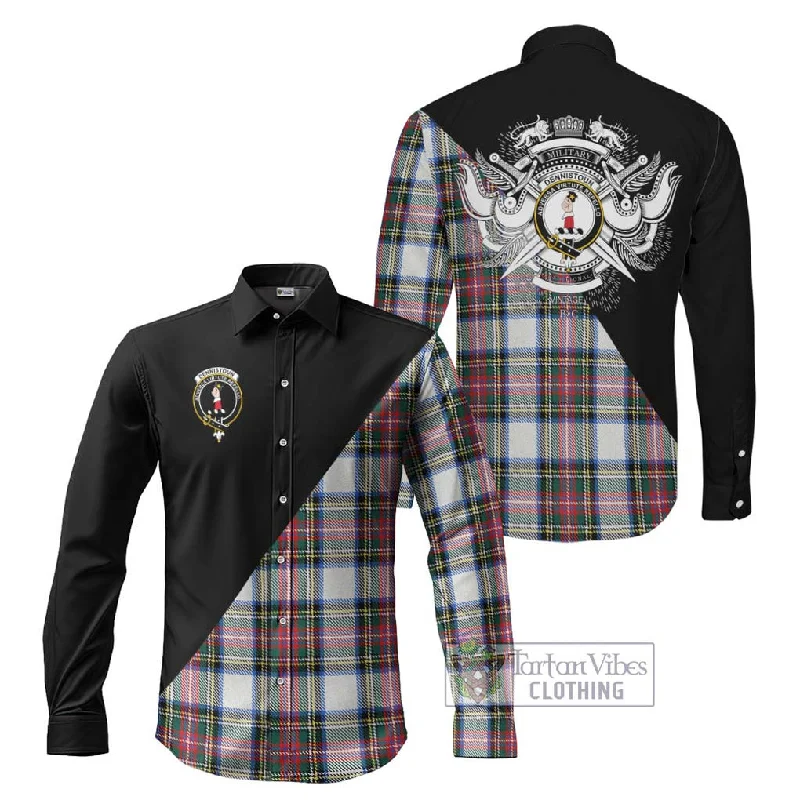 Dennistoun Tartan Long Sleeve Button Shirt with Family Crest and Military Logo Style Dennistoun Tartan Long Sleeve Button Shirt with Family Crest and Military Logo Style