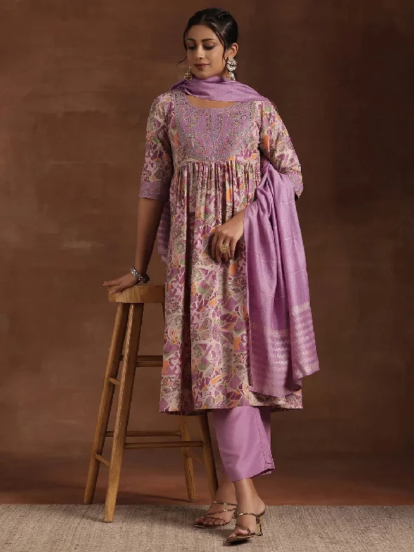Purple Printed Silk Blend A-Line Kurta With Trousers & Dupatta