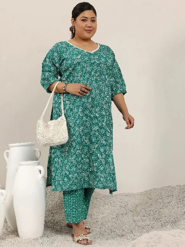 Plus Size Teal Printed Cotton Straight Kurta Set