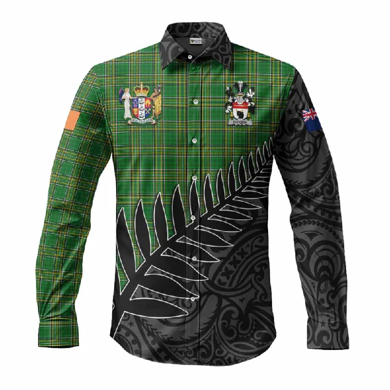 Dickson Irish Clan Tartan Long Sleeve Button Shirt with Coat of Arms New Zealand Silver Fern Half Style