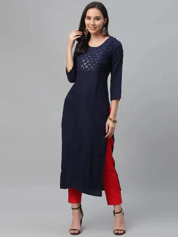 Blue Embroidered Rayon Kurta