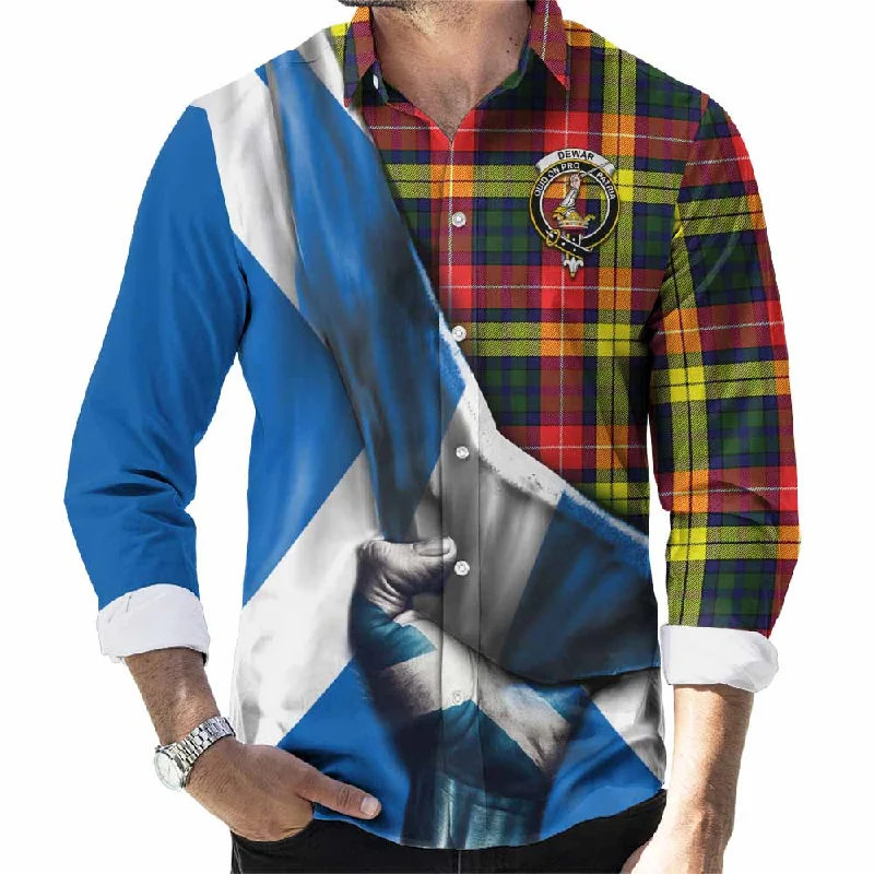 Dewar Tartan Long Sleeve Button Shirt with Family Crest Scotland Patriotic Style