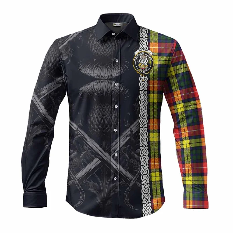 Dewar Tartan Long Sleeve Button Shirt with Family Crest Cross Sword Thistle Celtic Vibes