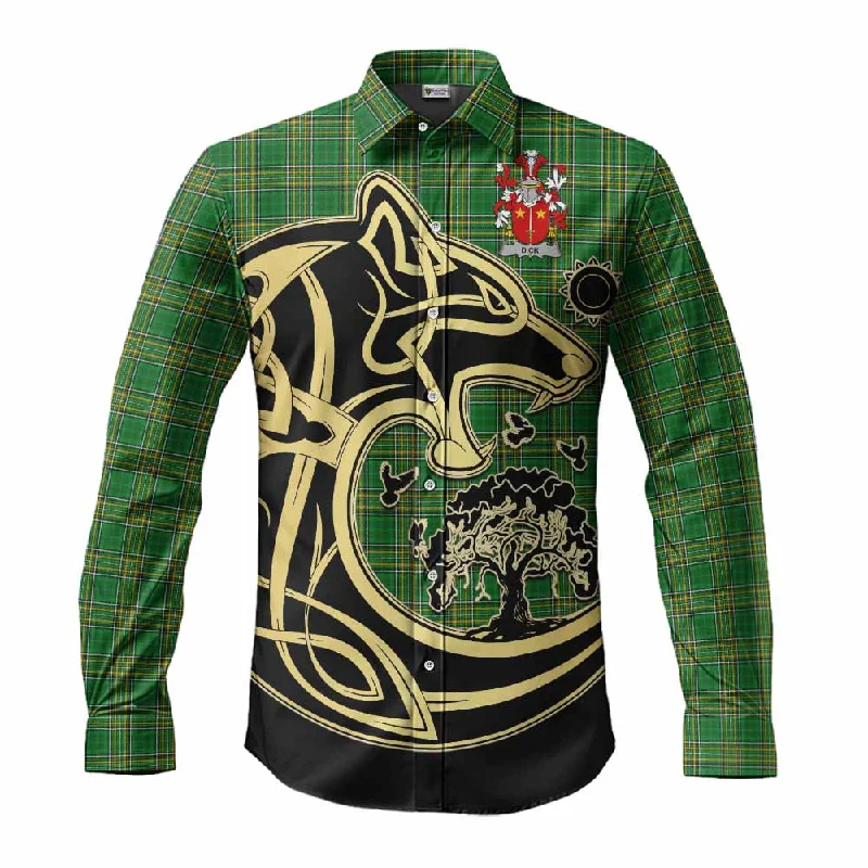 Dick Irish Tartan Long Sleeve Button Shirt with Coat of Arms Celtic Wolf Style