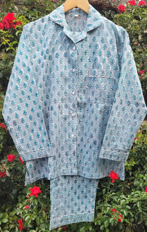 Blue Grey Jaipur Floral Buti Pyjama Set