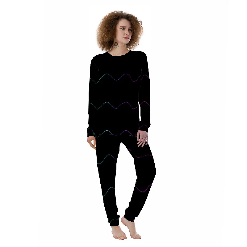 Sound Wave Teal And Purple Black Print Women's Pajamas