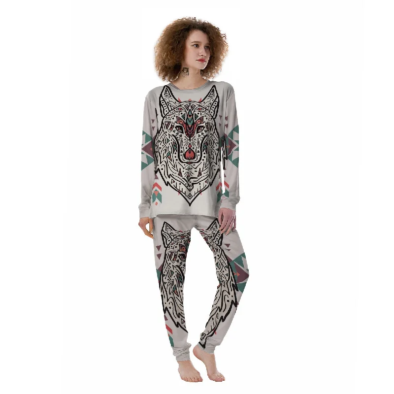 Spiritual Wolf Native American Print Women's Pajamas