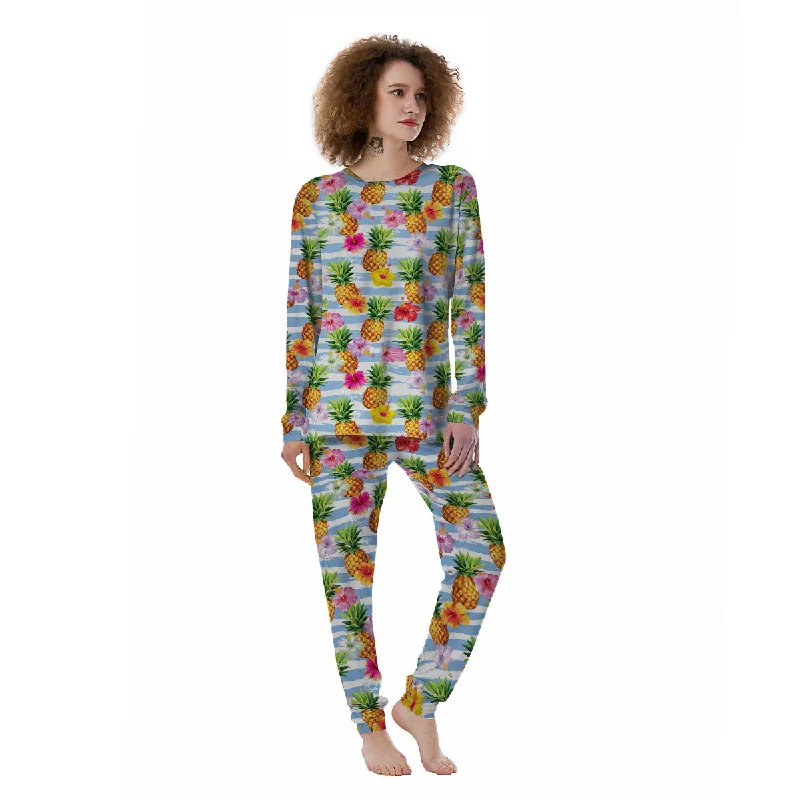 Striped Hibiscus And Pineapple Print Women's Pajamas