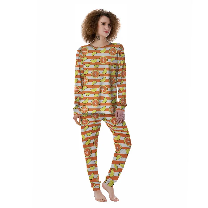 Striped Lemon And Orange Print Pattern Women's Pajamas