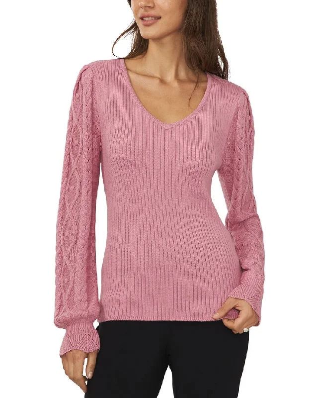 Cece Heart Neckline Cable Sleeve Sweater