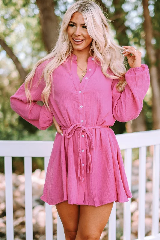 TEXTURED BUTTON DOWN BELTED CASUAL MINI DRESS