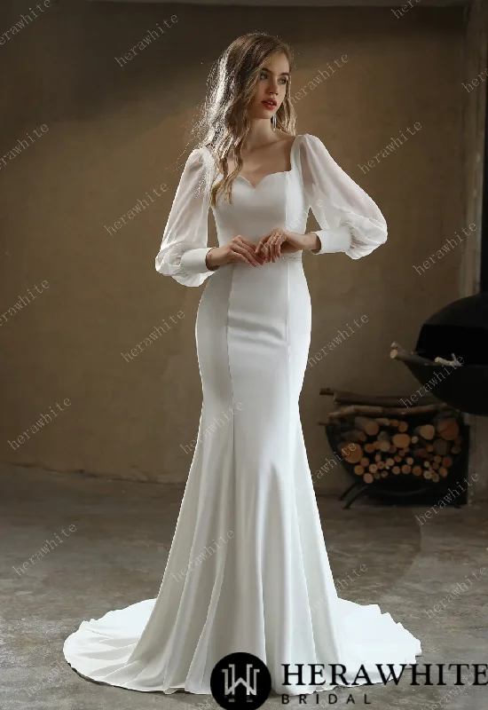 Classic Fit and Flare Wedding Gown with Puff Chiffon Sleeves