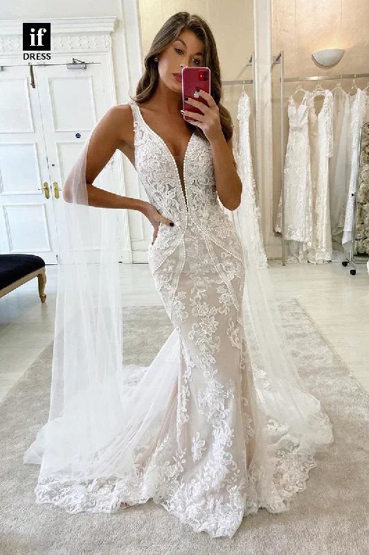 31606 - Plunging V-Neck Double Straps Lace Appliques Mermaid Wedding Dress