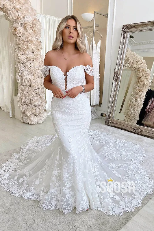 Mermaid/Trumpet Wedding Dress Chic Off-Shoulder Lace Wedding Gowns QW2296