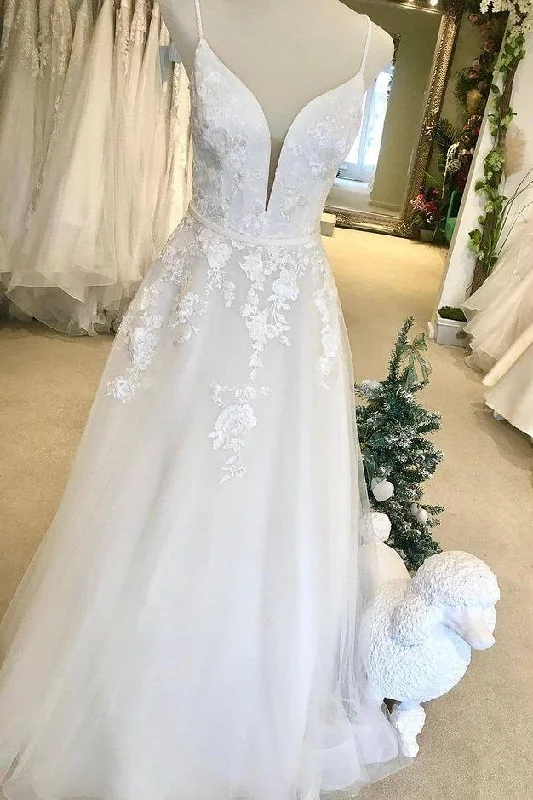 Elegant Floor Length Long Spaghetti Straps A-line Tulle Wedding Dress With Appliques Y0150