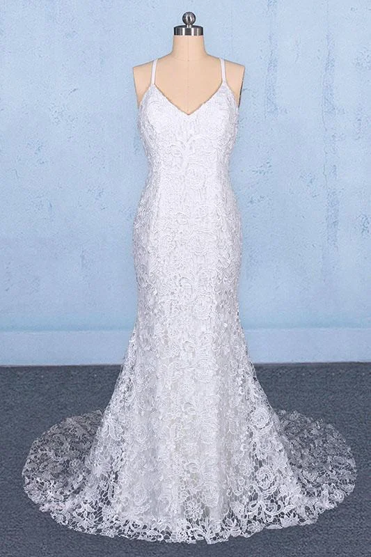 Elegant V Neck Lace Wedding Dress, Mermaid Backless Lace Bridal Dress N2348