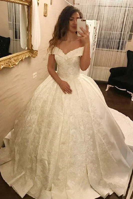 Ivory Ball Gown Off-the-Shoulder Pleated Satin Lace Appliques Wedding Dress N647