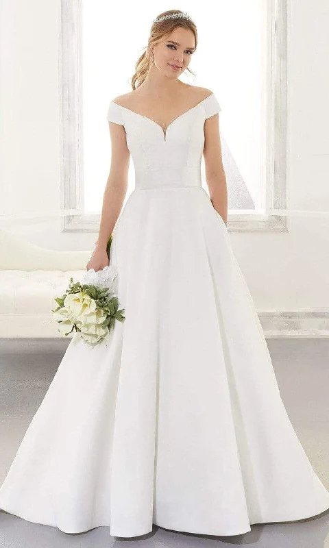 Mori Lee Bridal - 5865 Ainsley V-Neck Off Shoulder Satin Wedding Gown