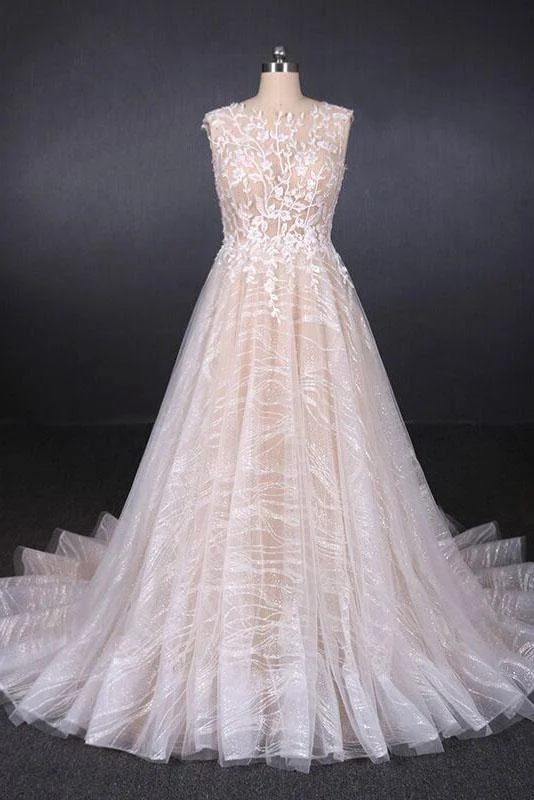 Puffy Sleeveless Lace Wedding Dress, Elegant A Line Backless Bridal Dress N2296